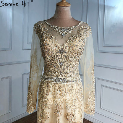 Vestidos de noche musulmanes dorados con cuentas, estilo sirena, elegantes, para mujer, para fiesta de bodas, LA71082 