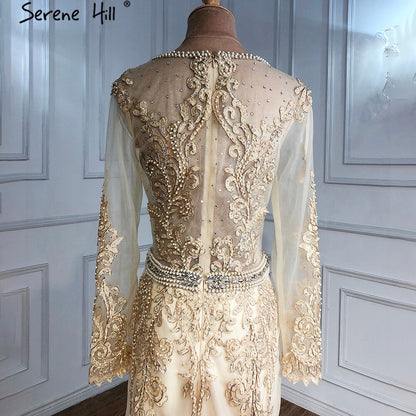 Vestidos de noche musulmanes dorados con cuentas, estilo sirena, elegantes, para mujer, para fiesta de bodas, LA71082 