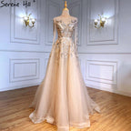 Vestidos de noche musulmanes de lujo dorados, corte A, con cuentas y brillo, para mujer, fiesta, LA71387 