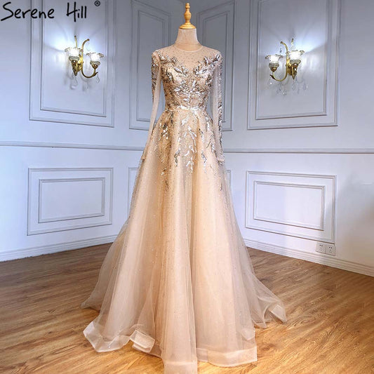 Vestidos de noche musulmanes de lujo dorados, corte A, con cuentas y brillo, para mujer, fiesta, LA71387 