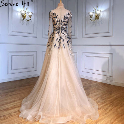 Vestidos de noche musulmanes de lujo dorados, corte A, con cuentas y brillo, para mujer, fiesta, LA71387 