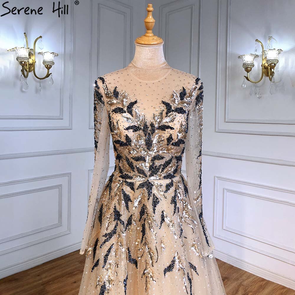 Vestidos de noche musulmanes de lujo dorados, corte A, con cuentas y brillo, para mujer, fiesta, LA71387 