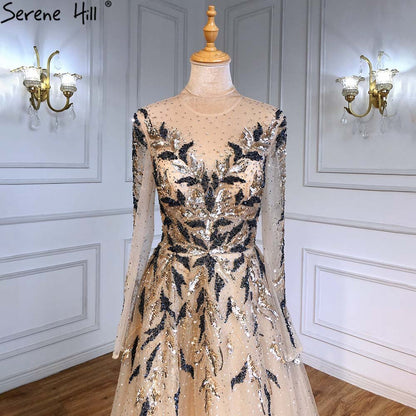 Vestidos de noche musulmanes de lujo dorados, corte A, con cuentas y brillo, para mujer, fiesta, LA71387 
