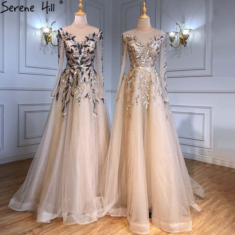 Vestidos de noche musulmanes de lujo dorados, corte A, con cuentas y brillo, para mujer, fiesta, LA71387 