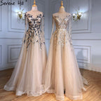 Vestidos de noche musulmanes de lujo dorados, corte A, con cuentas y brillo, para mujer, fiesta, LA71387 