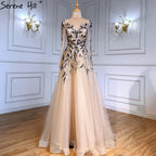 Vestidos de noche musulmanes de lujo dorados, corte A, con cuentas y brillo, para mujer, fiesta, LA71387 