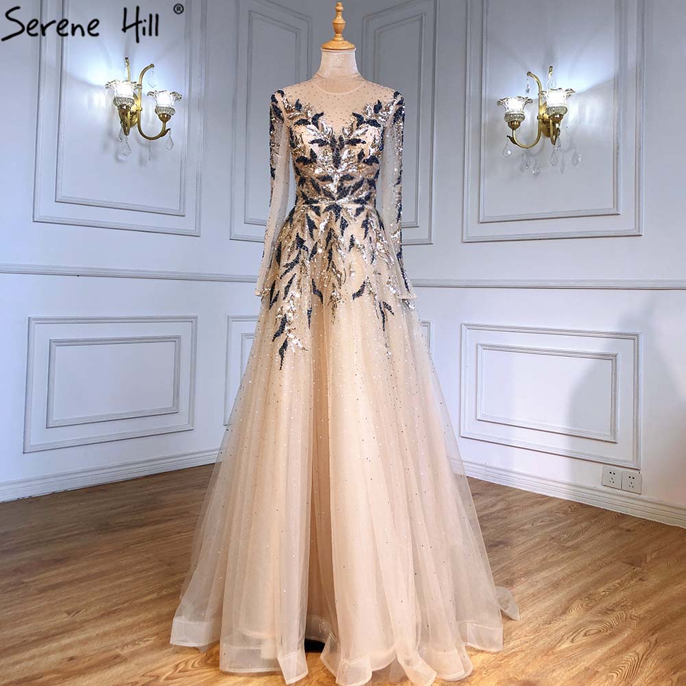 Vestidos de noche musulmanes de lujo dorados, corte A, con cuentas y brillo, para mujer, fiesta, LA71387 