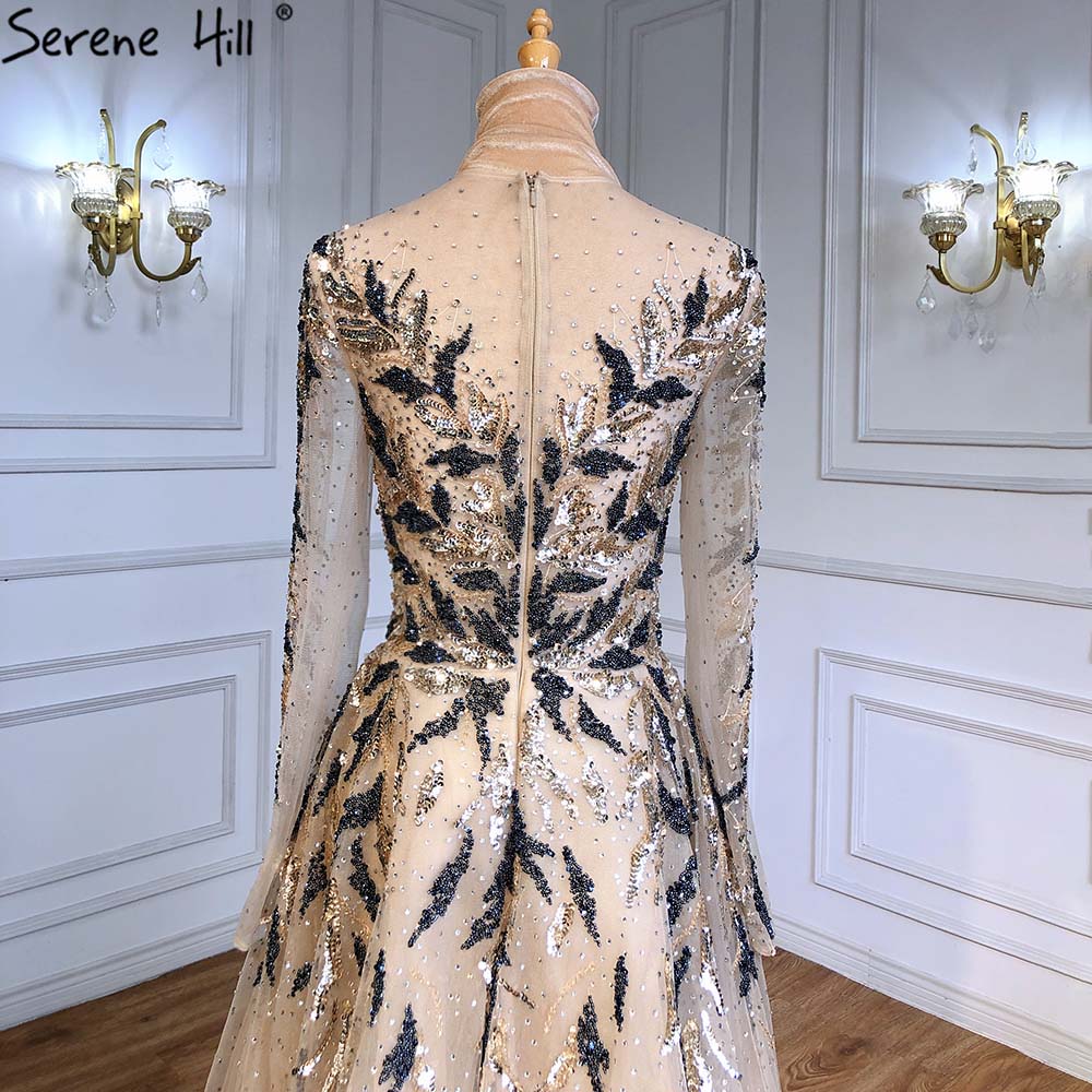 Vestidos de noche musulmanes de lujo dorados, corte A, con cuentas y brillo, para mujer, fiesta, LA71387 