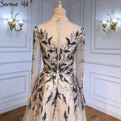 Vestidos de noche musulmanes de lujo dorados, corte A, con cuentas y brillo, para mujer, fiesta, LA71387 