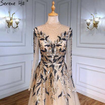 Vestidos de noche musulmanes de lujo dorados, corte A, con cuentas y brillo, para mujer, fiesta, LA71387 