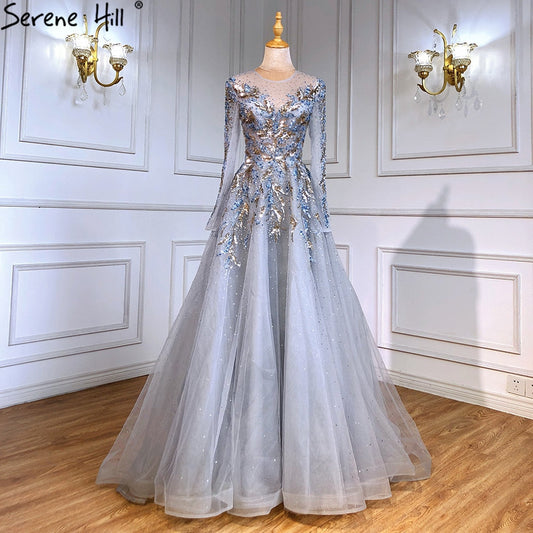 Vestidos de noche musulmanes de lujo dorados, corte A, con cuentas y brillo, para mujer, fiesta, LA71387 