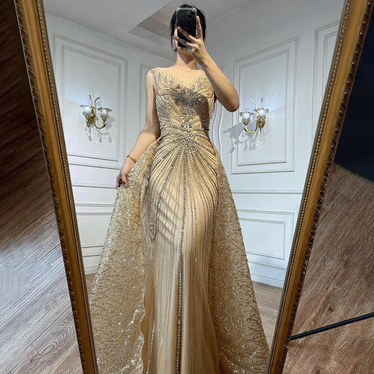 Vestido de noche formal de sirena con cuello redondo, mangas largas y cuentas, dorado, para mujer, 2025, LA72087 