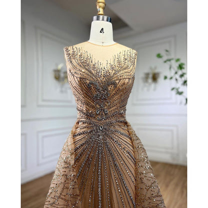 Vestido de noche formal de sirena con cuello redondo, mangas largas y cuentas, dorado, para mujer, 2025, LA72087 