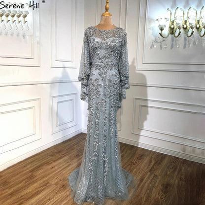Elegante vestido de noche de lujo con corte sirena, dorado, talla grande, con perlas 2025 y capa para mujer, para fiesta LA70738 