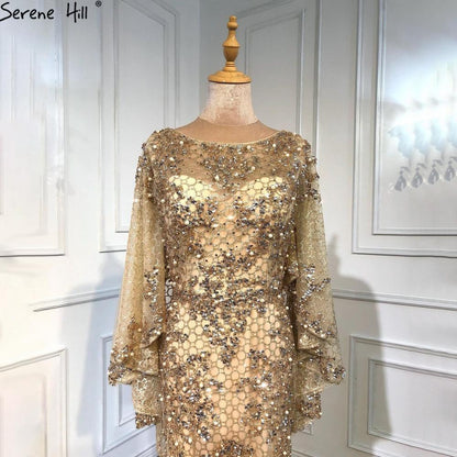 Elegante vestido de noche de lujo con corte sirena, dorado, talla grande, con perlas 2025 y capa para mujer, para fiesta LA70738 