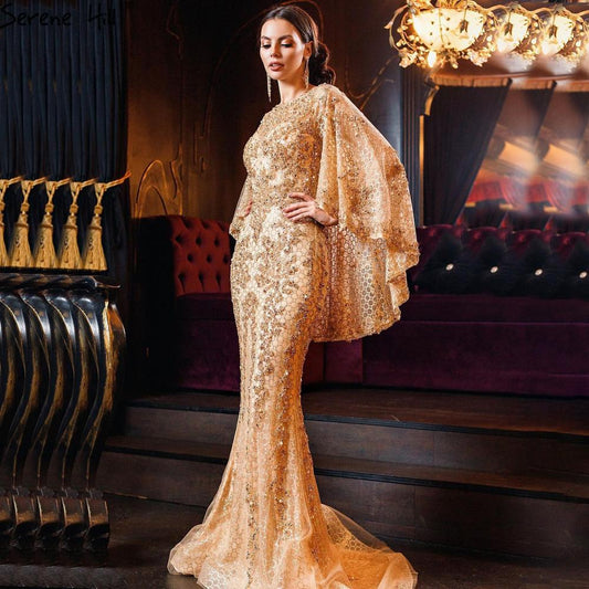 Elegante vestido de noche de lujo con corte sirena, dorado, talla grande, con perlas 2025 y capa para mujer, para fiesta LA70738 