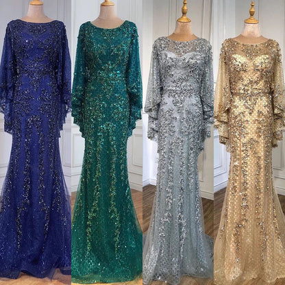 Elegante vestido de noche de lujo con corte sirena, dorado, talla grande, con perlas 2025 y capa para mujer, para fiesta LA70738 