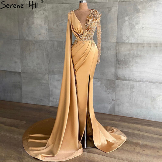 Vestidos de noche elegantes de sirena con cuentas y mangas abullonadas de satén dorado para mujer, vestidos de fiesta LA71183 