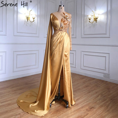 Vestidos de noche elegantes de sirena con cuentas y mangas abullonadas de satén dorado para mujer, vestidos de fiesta LA71183 