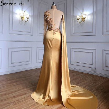 Vestidos de noche elegantes de sirena con cuentas y mangas abullonadas de satén dorado para mujer, vestidos de fiesta LA71183 