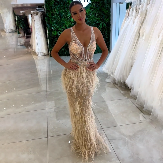 Vestido de noche dorado sexy de sirena con abertura alta, sin espalda, de lujo, con cuentas y plumas, 2025, para mujer, fiesta LA71583 