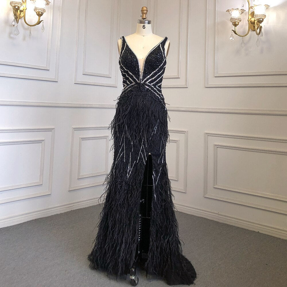 Vestido de noche dorado sexy de sirena con abertura alta, sin espalda, de lujo, con cuentas y plumas, 2025, para mujer, fiesta LA71583 