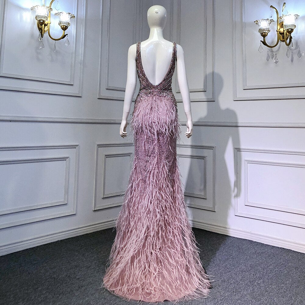 Vestido de noche dorado sexy de sirena con abertura alta, sin espalda, de lujo, con cuentas y plumas, 2025, para mujer, fiesta LA71583 