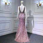 Vestido de noche dorado sexy de sirena con abertura alta, sin espalda, de lujo, con cuentas y plumas, 2025, para mujer, fiesta LA71583 