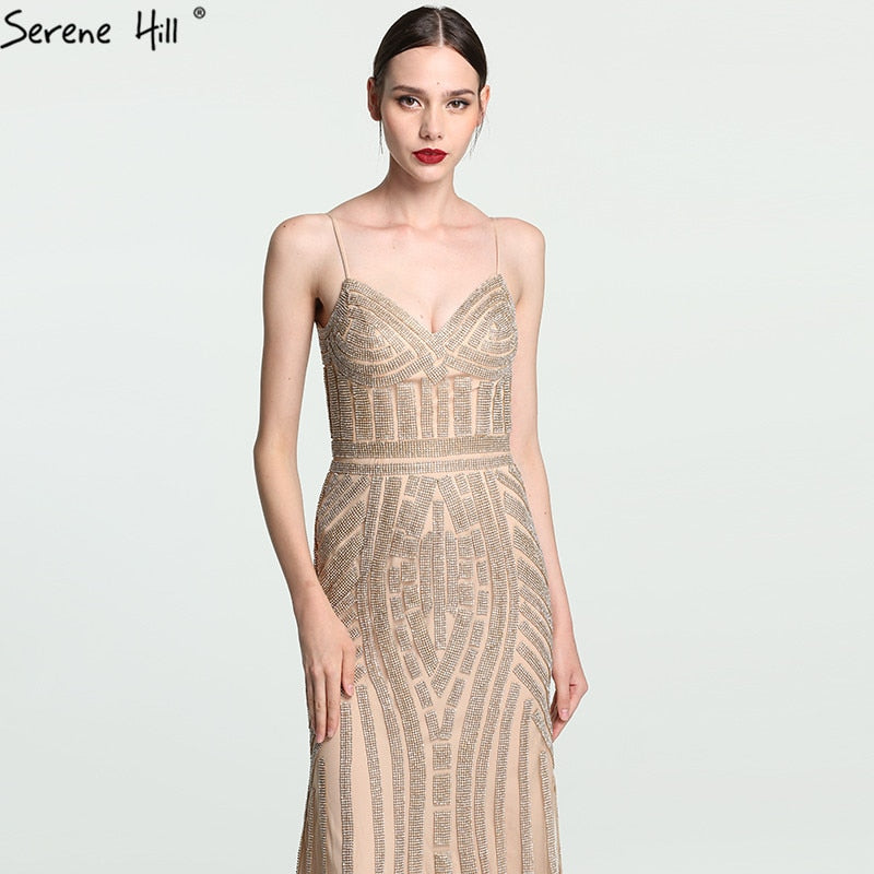 Im Angebot Keine Rückgabe Keine Rückerstattung Verkauf Gold Sexy Spaghettiträger Perlenbesetzte Abendkleider Für Frauen Elegante Partyanlässe Formale Lange Übergröße 2025 LA6002 