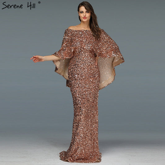 Vestidos de sirena de lujo con chal dorado, vestidos de noche brillantes LA60919, vestidos de noche largos para mujer, vestidos de fiesta 