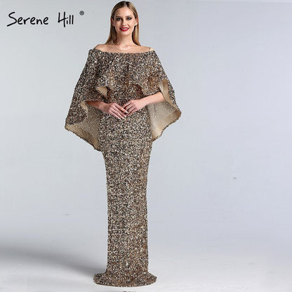 Vestidos de sirena de lujo con chal dorado, vestidos de noche brillantes LA60919, vestidos de noche largos para mujer, vestidos de fiesta 