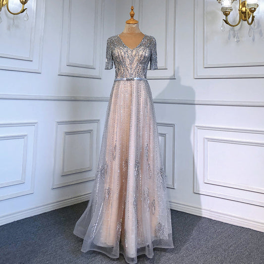 Vestidos de noche dorados de manga corta, vestidos de lujo 2025 con cuentas, corte A para mujer, fiesta LA71602 