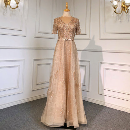 Vestidos de noche dorados de manga corta, vestidos de lujo 2025 con cuentas, corte A para mujer, fiesta LA71602 