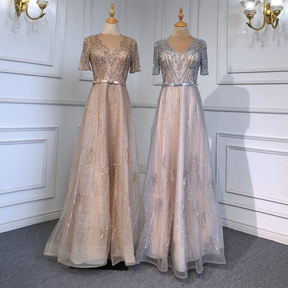 Vestidos de noche dorados de manga corta, vestidos de lujo 2025 con cuentas, corte A para mujer, fiesta LA71602 