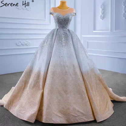 Vestidos de novia de lujo en oro y plata 2025, con mangas cortas y cuentas de cristal, HM67362, hechos a medida 