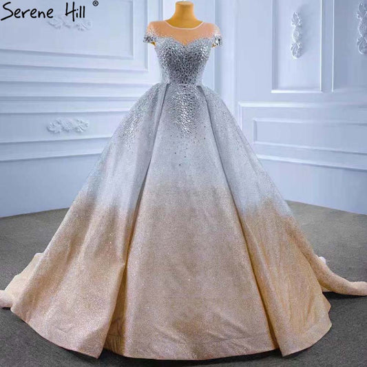 Vestidos de novia de lujo en oro y plata 2025, con mangas cortas y cuentas de cristal, HM67362, hechos a medida 