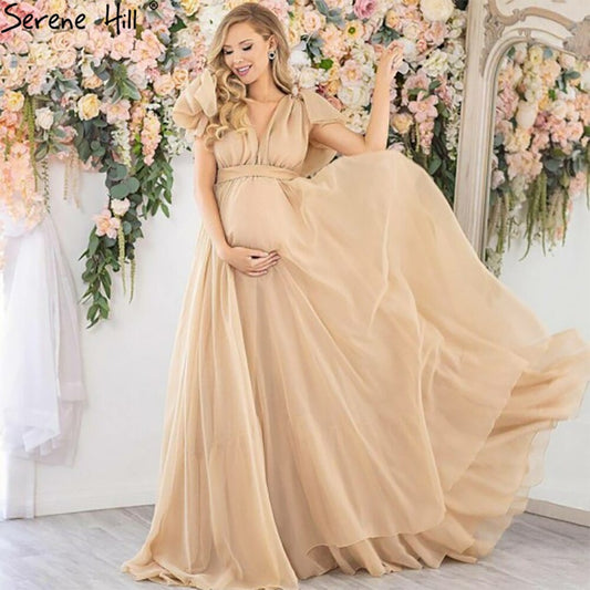 Vestidos de noche sencillos dorados de manga corta para fotografía de embarazadas 2025, HA2518 