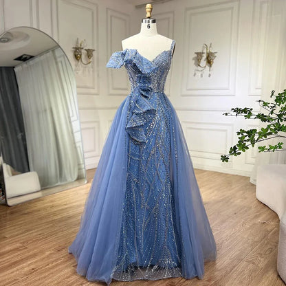 Vestido de noche sirena dorado con falda - Vestido de fiesta de lujo para mujer con tirantes finos y cuentas grises 2025 LA72341 