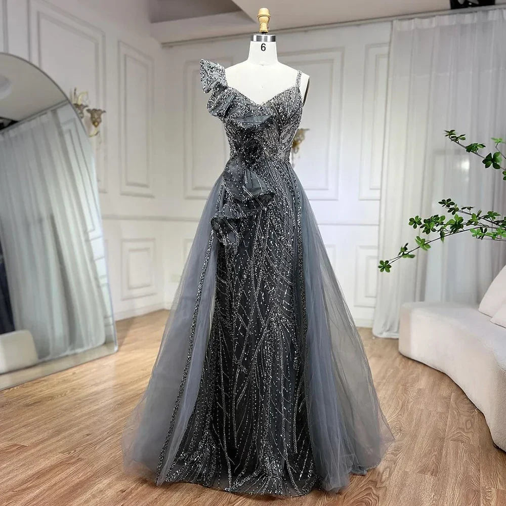 Goldenes Meerjungfrau-Abendkleid mit Rock – Luxuriöses graues Partykleid mit Perlen und Spaghettiträgern für Damen 2025 LA72341 