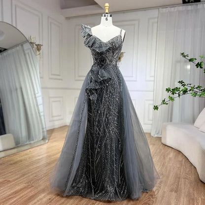 Vestido de noche sirena dorado con falda - Vestido de fiesta de lujo para mujer con tirantes finos y cuentas grises 2025 LA72341 