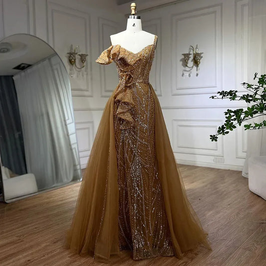 Vestido de noche sirena dorado con falda - Vestido de fiesta de lujo para mujer con tirantes finos y cuentas grises 2025 LA72341 