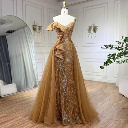 Vestido de noche sirena dorado con falda - Vestido de fiesta de lujo para mujer con tirantes finos y cuentas grises 2025 LA72341 