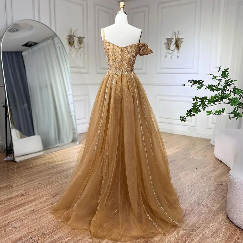 Goldenes Meerjungfrau-Abendkleid mit Rock – Luxuriöses graues Partykleid mit Perlen und Spaghettiträgern für Damen 2025 LA72341 