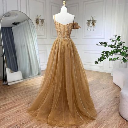 Vestido de noche sirena dorado con falda - Vestido de fiesta de lujo para mujer con tirantes finos y cuentas grises 2025 LA72341 
