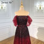 Vestidos de noche color vino tinto con cambio gradual, 2025, con cuentas brillantes, corte A, de lujo, para mujer, fiesta, LA71329 