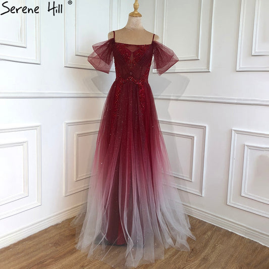 Vestido de noche en rojo vino, corte A, corte en A, con cuentas y tirantes finos, para mujer, fiesta, LA70776 