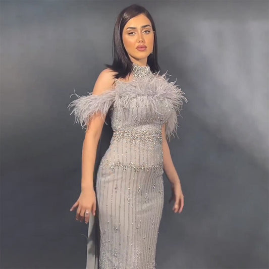 Vestidos de noche árabes grises con cuentas, midi, hasta los tobillos, con capa de plumas, para mujer, 2025, para fiesta de boda LA72060
