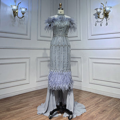 Vestidos de noche árabes grises con cuentas, midi, hasta los tobillos, con capa de plumas, para mujer, 2025, para fiesta de boda LA72060