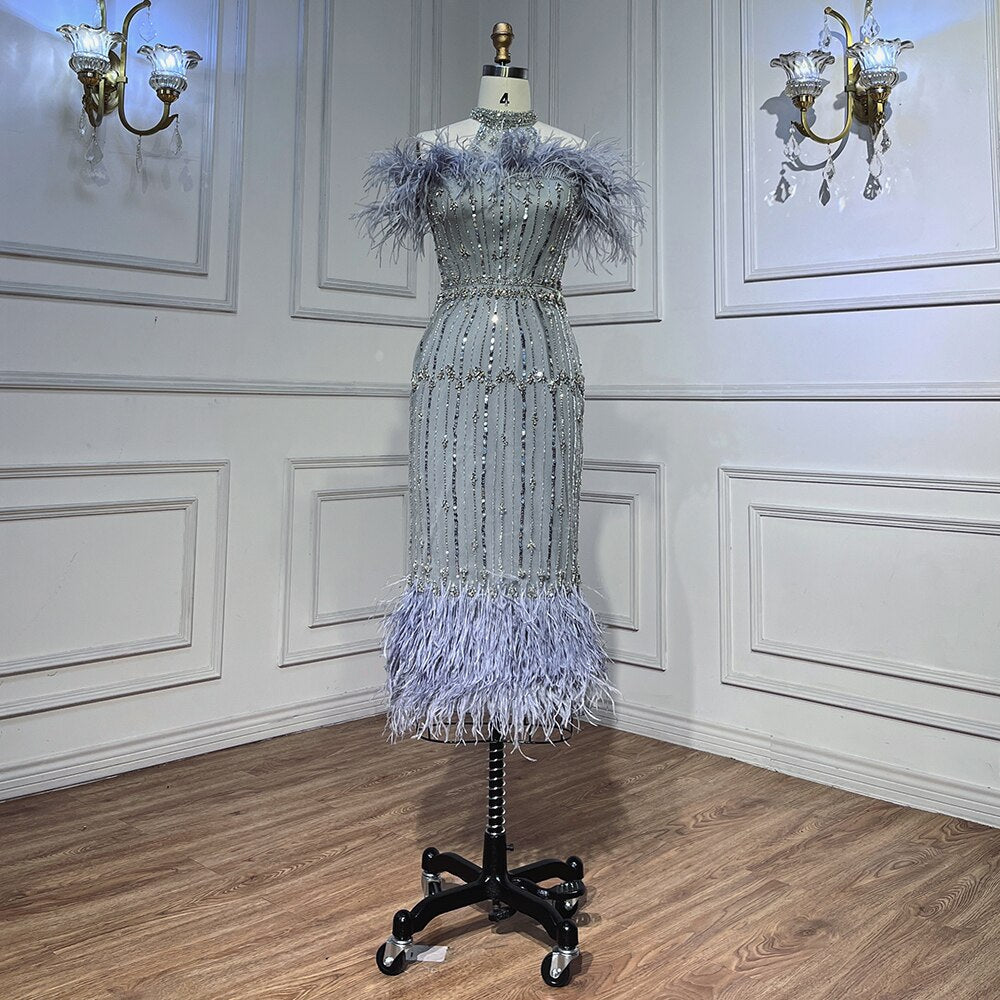 Vestidos de noche árabes grises con cuentas, midi, hasta los tobillos, con capa de plumas, para mujer, 2025, para fiesta de boda LA72060
