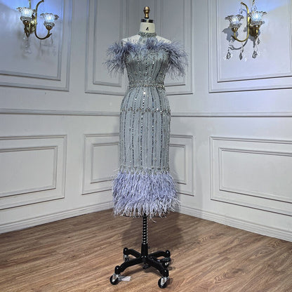 Vestidos de noche árabes grises con cuentas, midi, hasta los tobillos, con capa de plumas, para mujer, 2025, para fiesta de boda LA72060